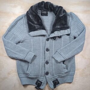 LCR Black Edition Sweater Mens XL Gray Wool/Acrylic Knit Buckle Cardigan Preppy